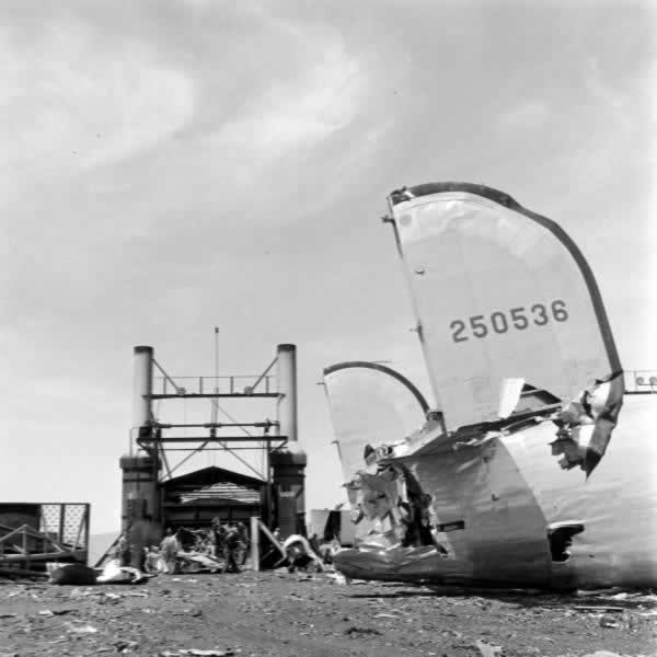 Once cut in pieces, aircraft remnants are moved to the smelter (in the distance) Once cut in pieces, aircraft remnants are moved to the smelter (in the distance)